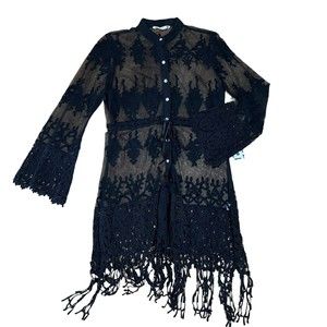 Womens GIVEN KALE Cover Up Sz S Black Victorian Lace Button Up Boho Fringe Dress